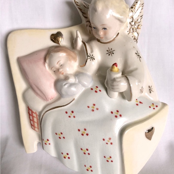 Vintage ART Guardian Angel Watching Over Baby Ceramic Wall Plaque Made in Japan - Picture 6 of 7